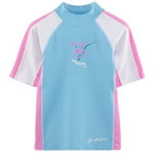 SunBusters Girls 12/18 Month Short Sleeve Rash Guard UPF 50+ Blue Buttercup NWT